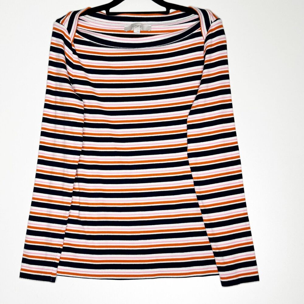 LOFT 2022 Stripe Ribbed Boatneck Long Sleeve Ribbed Tee Women's Size Large - Picture 8 of 8